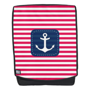 Nautical Red White Stripes Navy Blue Banner Anchor Backpack