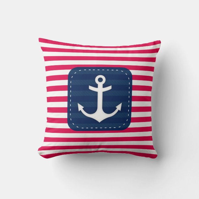 Nautical Red White Stripes Navy Blue Banner Anchor Cushion (Front)