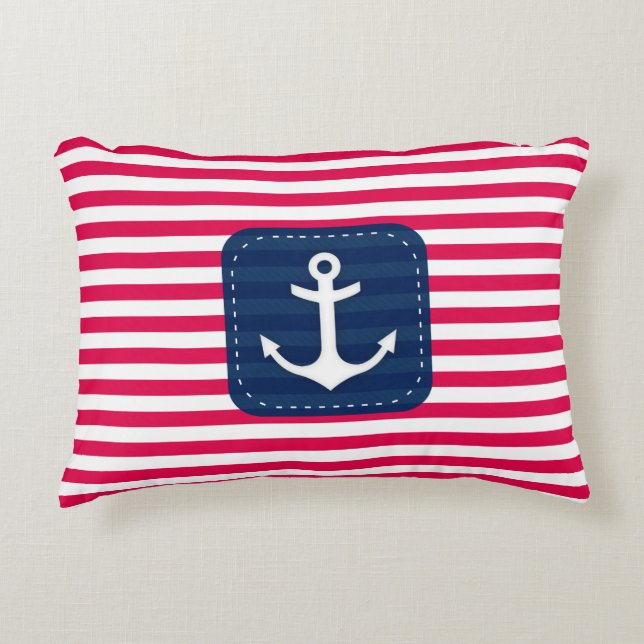 Nautical Red White Stripes Navy Blue Banner Anchor Decorative Cushion (Front)