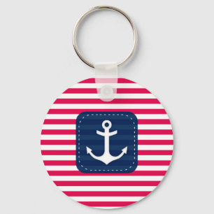 Nautical Red White Stripes Navy Blue Banner Anchor Key Ring