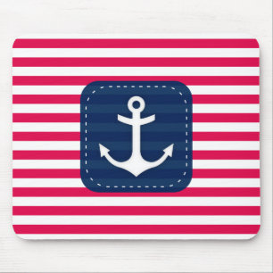 Nautical Red White Stripes Navy Blue Banner Anchor Mouse Mat