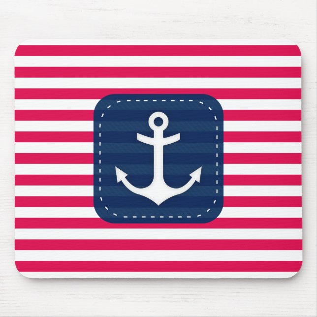 Nautical Red White Stripes Navy Blue Banner Anchor Mouse Mat (Front)