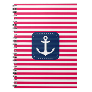 Nautical Red White Stripes Navy Blue Banner Anchor Notebook