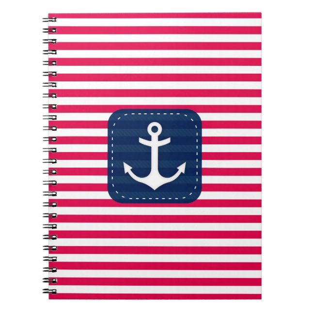 Nautical Red White Stripes Navy Blue Banner Anchor Notebook (Front)