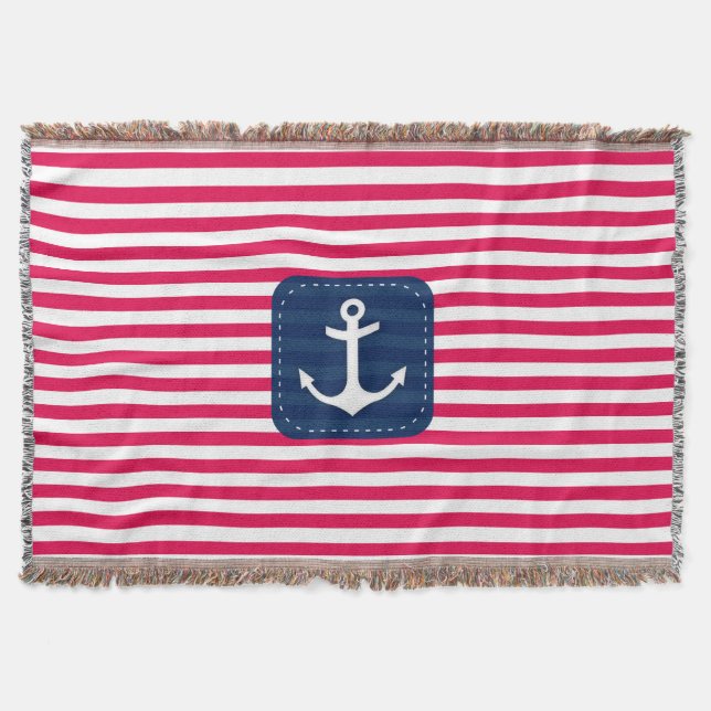 Nautical Red White Stripes Navy Blue Banner Anchor Throw Blanket (Front)