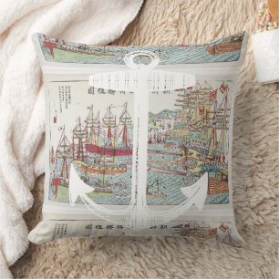 Nautical Red Yellow Blue Anchor Tall Ships Cushion