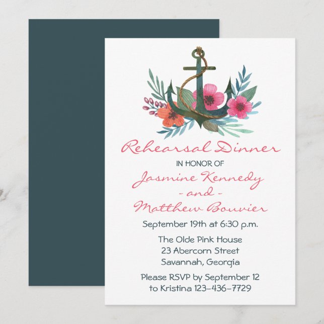 Nautical Rehearsal Dinner Anchor Floral Pink Teal Invitation (Front/Back)