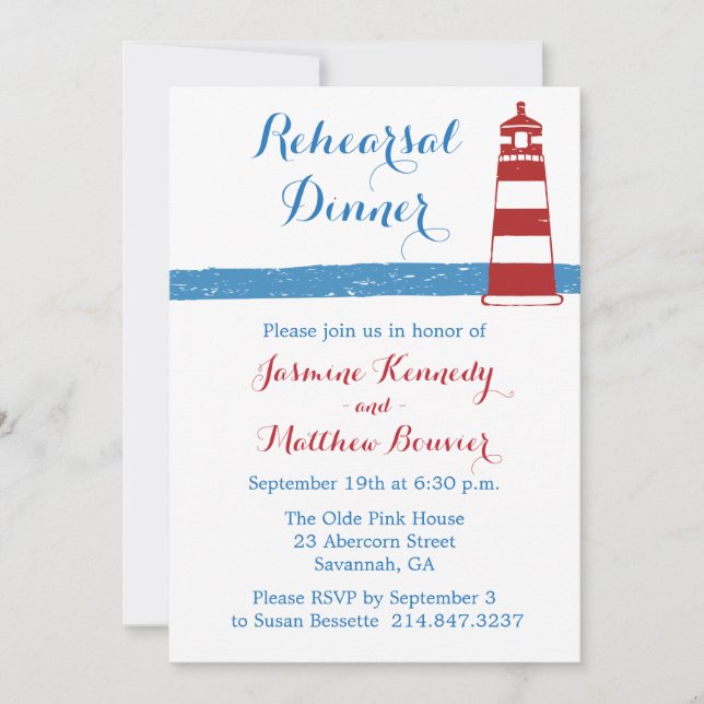 Nautical Rehearsal Dinner Lighthouse Blue Stripes Invitation (Front)