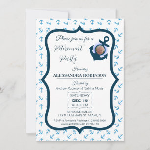 Nautical Retirement Photo & Anchor Navy Blue tones Invitation