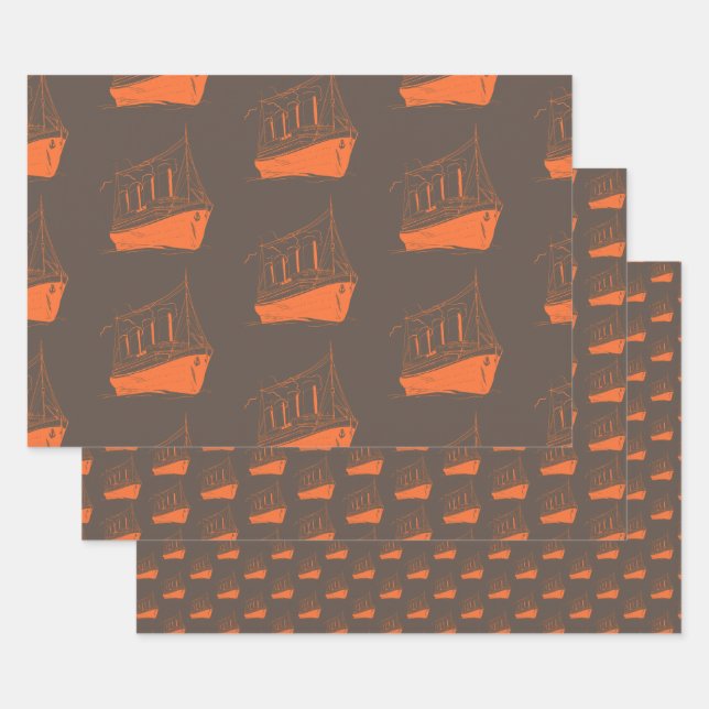 Nautical Retro Brown Orange Ship Sailing Boat  Wrapping Paper Sheet (Set)