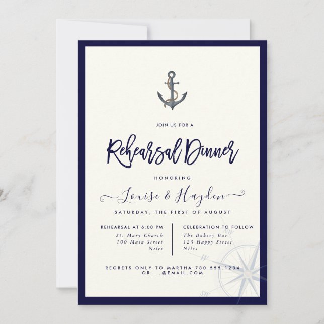 Nautical Rope Anchor  Navy Blue Rehearsal Dinner Invitation (Front)