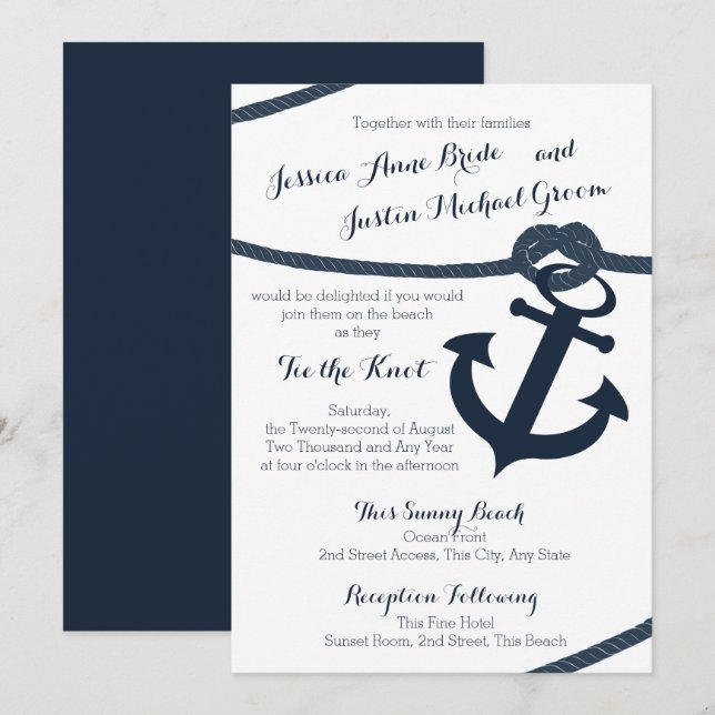 Nautical Rope and Anchor Dark Navy Wedding Invitation (Front/Back)