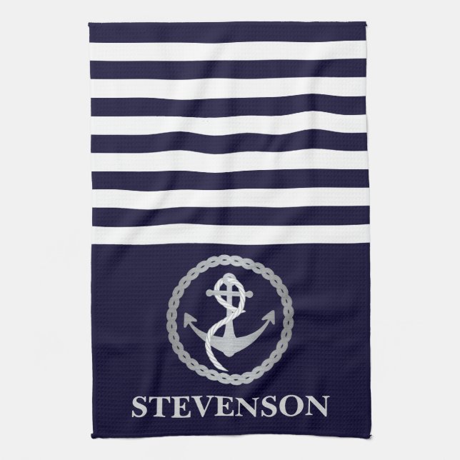 Nautical Rope and Anchor Family Name Sailing Tea Towel (Vertical)
