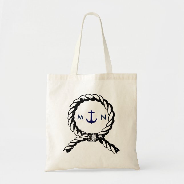Nautical Rope and Navy Blue Anchor Monogrammed Tote Bag (Front)