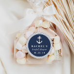Nautical Rope Braid Bridal Shower Classic Round Sticker<br><div class="desc">Classic nautical style bridal shower stickers feature a white braided rope border and a ship's anchor illustration on a rich navy blue background,  with your custom text -- guest of honour's name,  event type,  and date. Matches our Nautical Rope Braid bridal shower invitations and accessories.</div>