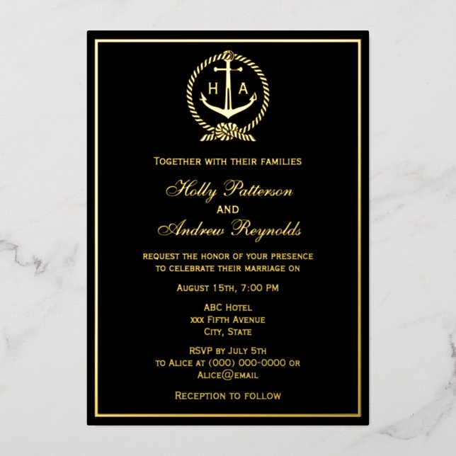 Nautical Rope Frame2 Anchor Monogram Init Wedding Foil Holiday Card (Front)