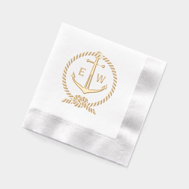 Nautical Rope Frame Anchor Monogram Initial R2 Foil Napkins (Left)