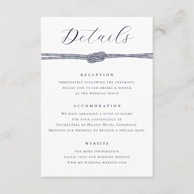 Nautical Rope Knot Elegant Details Wedding Enclosure Card (Front)
