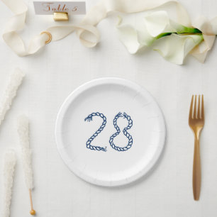 Nautical rope knots blue white birthday numbers paper plate