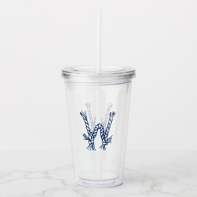 Nautical rope knots blue white custom monogram acrylic tumbler (Front)