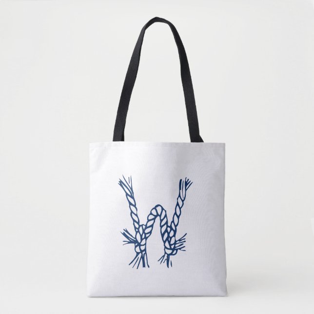 Nautical rope knots blue white custom monogram tote bag (Front)