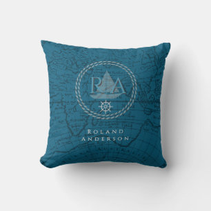 Nautical Rope Monogram Map Blue Cushion