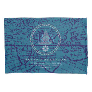 Nautical Rope Monogram Map Blue Pillowcase