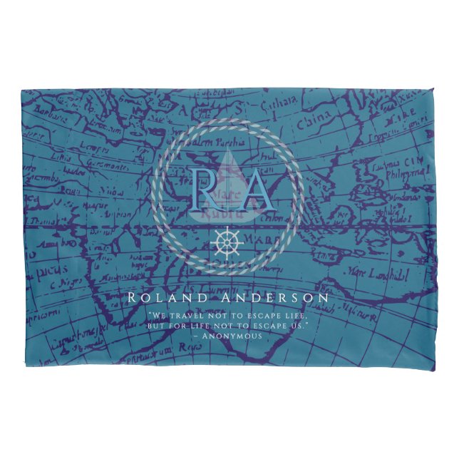 Nautical Rope Monogram Map Blue Pillowcase (Front)