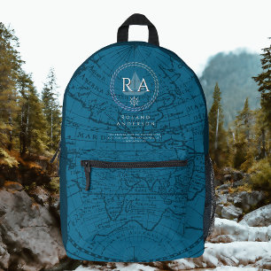 Nautical Rope Monogram Map Blue Printed Backpack