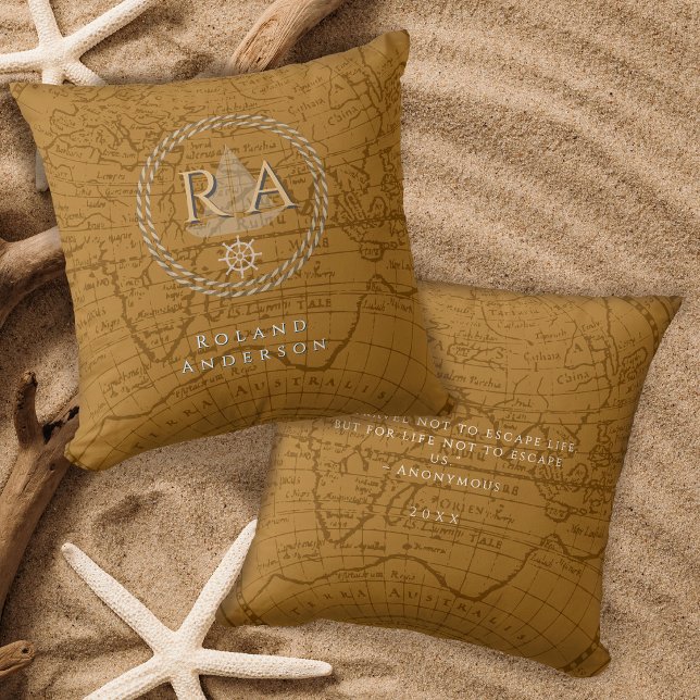Nautical Rope Monogram Map Brown Cushion (Nautical Rope Monogram Map Brown Throw Pillow)