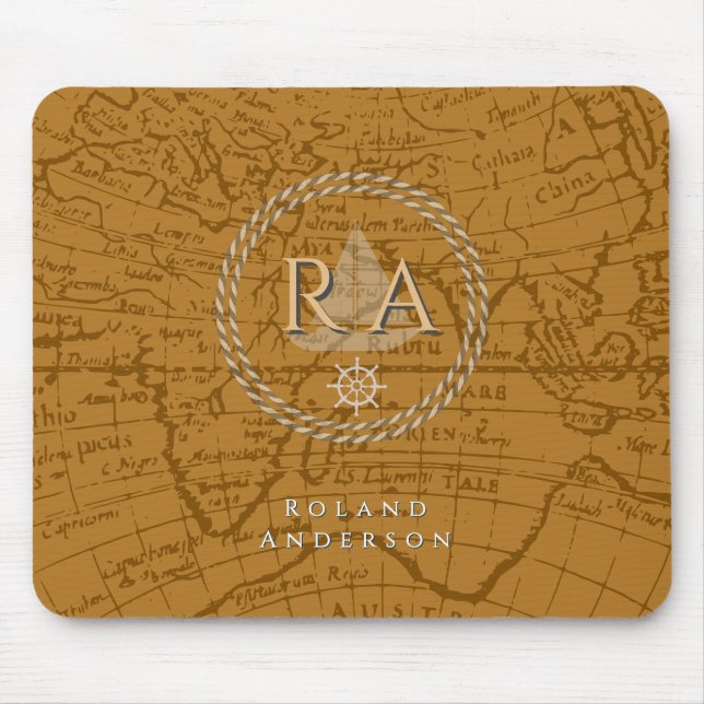 Nautical Rope Monogram Map Brown Mouse Mat (Front)