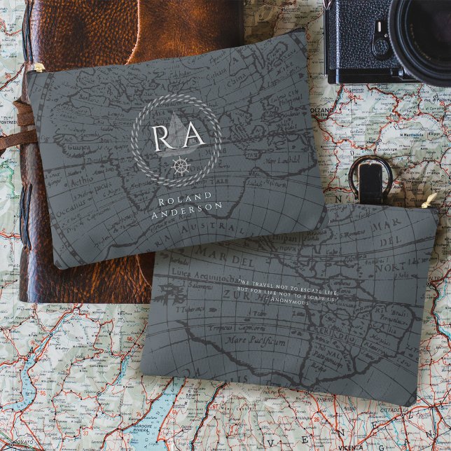 Nautical Rope Monogram Map Grey Accessory Pouch (Nautical Rope Monogram Map Grey Accessory Pouch)