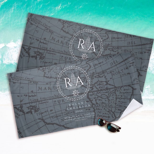 Nautical Rope Monogram Map Grey Beach Towel (Creator Uploaded)