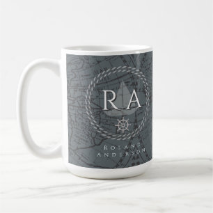 Nautical Rope Monogram Map Grey Coffee Mug