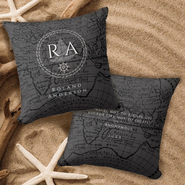 Nautical Rope Monogram Map Grey Cushion (Nautical Rope Monogram Map Grey Throw Pillow)