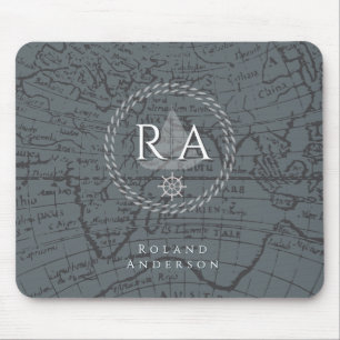 Nautical Rope Monogram Map Grey Mouse Mat