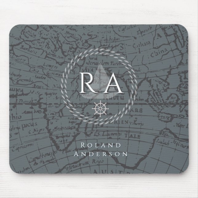 Nautical Rope Monogram Map Grey Mouse Mat (Front)