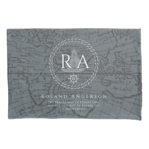 Nautical Rope Monogram Map Grey Pillowcase