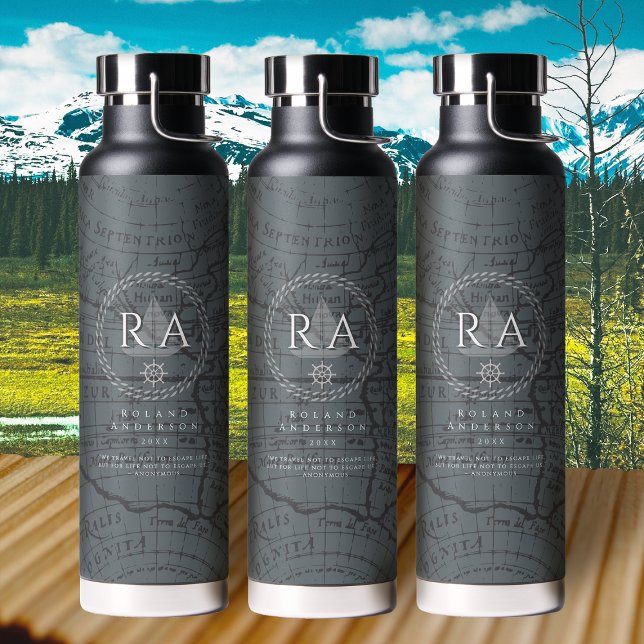 Nautical Rope Monogram Map Grey Water Bottle (Nautical Rope Monogram Map Grey Water Bottle)