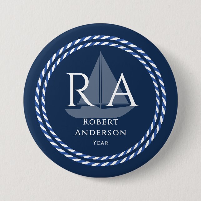 Nautical Rope Monogram Navy 7.5 Cm Round Badge (Front)