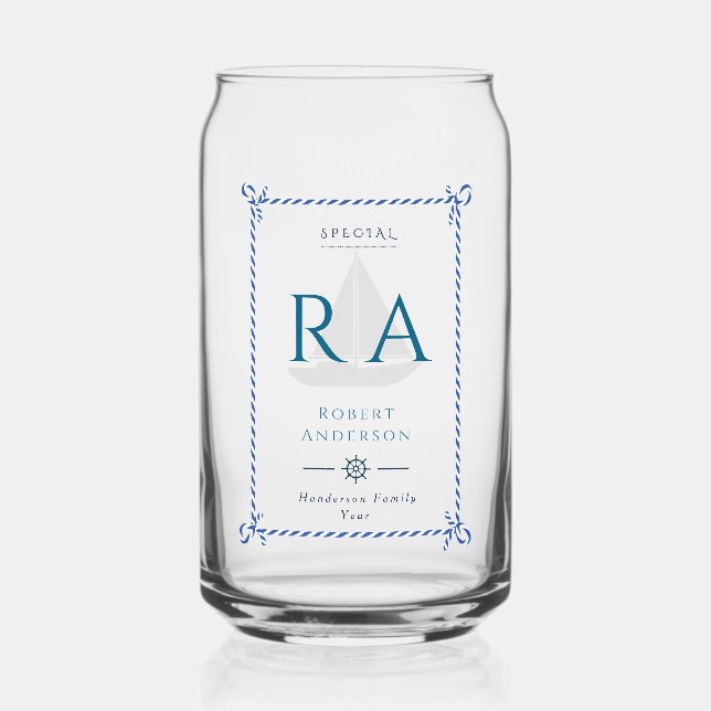 Nautical Rope Monogram Navy Can Glass (Back)