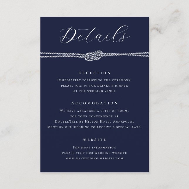 Nautical Rope Navy Blue Elegant Details Wedding Enclosure Card (Front)