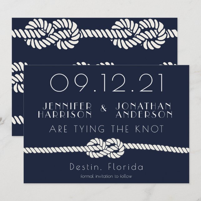Nautical Rope Navy White Beach Wedding Typography  Save The Date (Front/Back)
