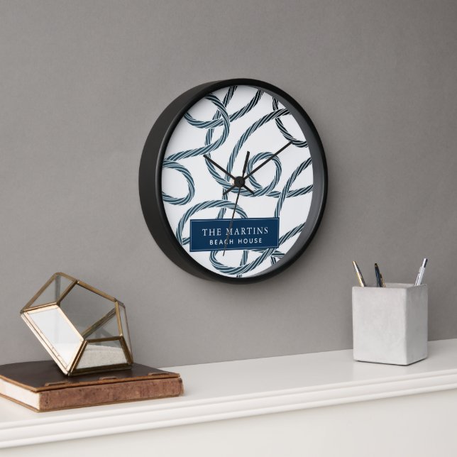 Nautical Rope Pattern White Navy Beach House Clock (Office)