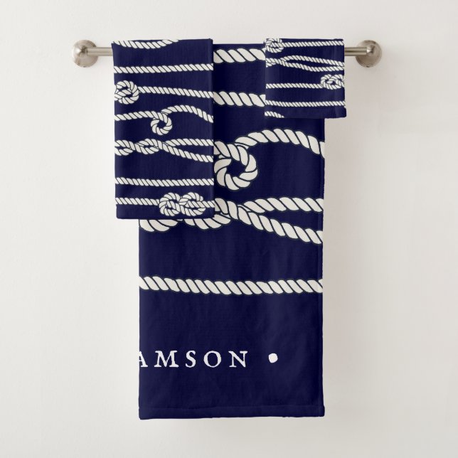 Nautical Ropes Navy & White Family Name Bath Towel Set (Insitu)
