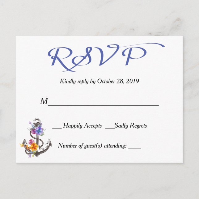 Nautical RSVP Boat Anchor Floral Blue Postcard (Front)
