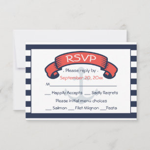Nautical RSVP Navy Blue White Stripe Coral Wedding Card