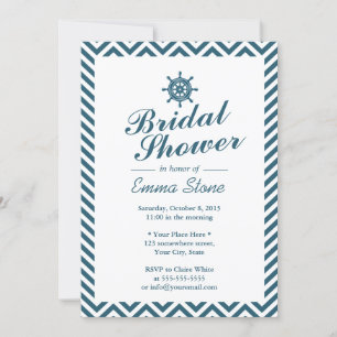 Nautical Rudder Blue Chevron Stripes Bridal Shower Invitation
