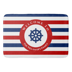 Nautical Rudder Navy Blue Red White Stripes Bath Mat