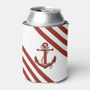 Nautical rust red anchor with rope/red stripe can cooler
